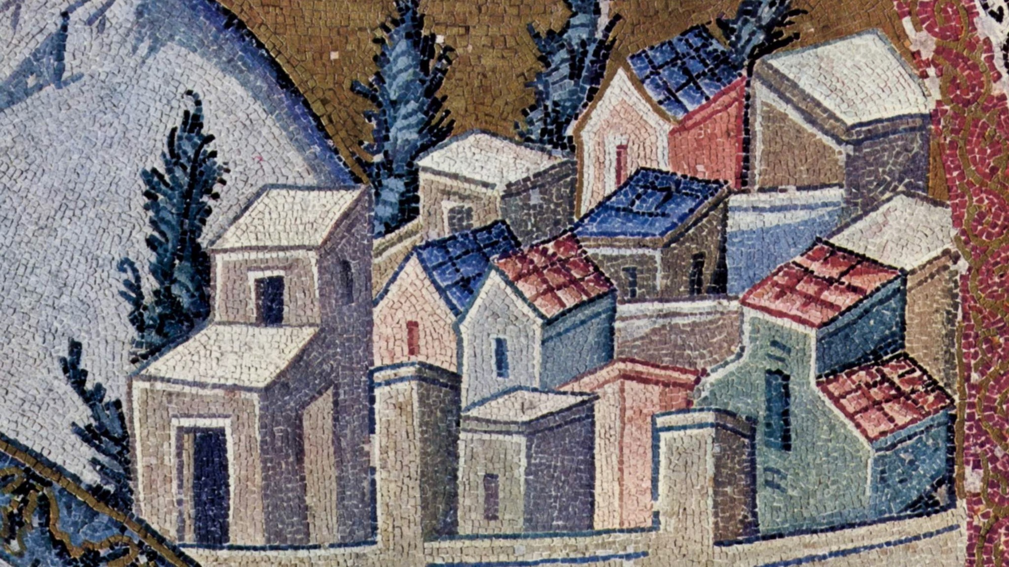 Meister_der_Kahriye-Cami-Kirche_in_Istanbul_001 FB RS Meister der Kahriye-Cami-Kirche, Nazareth as depicted on a Byzantine mosaic; image from Wikimedia Commons.