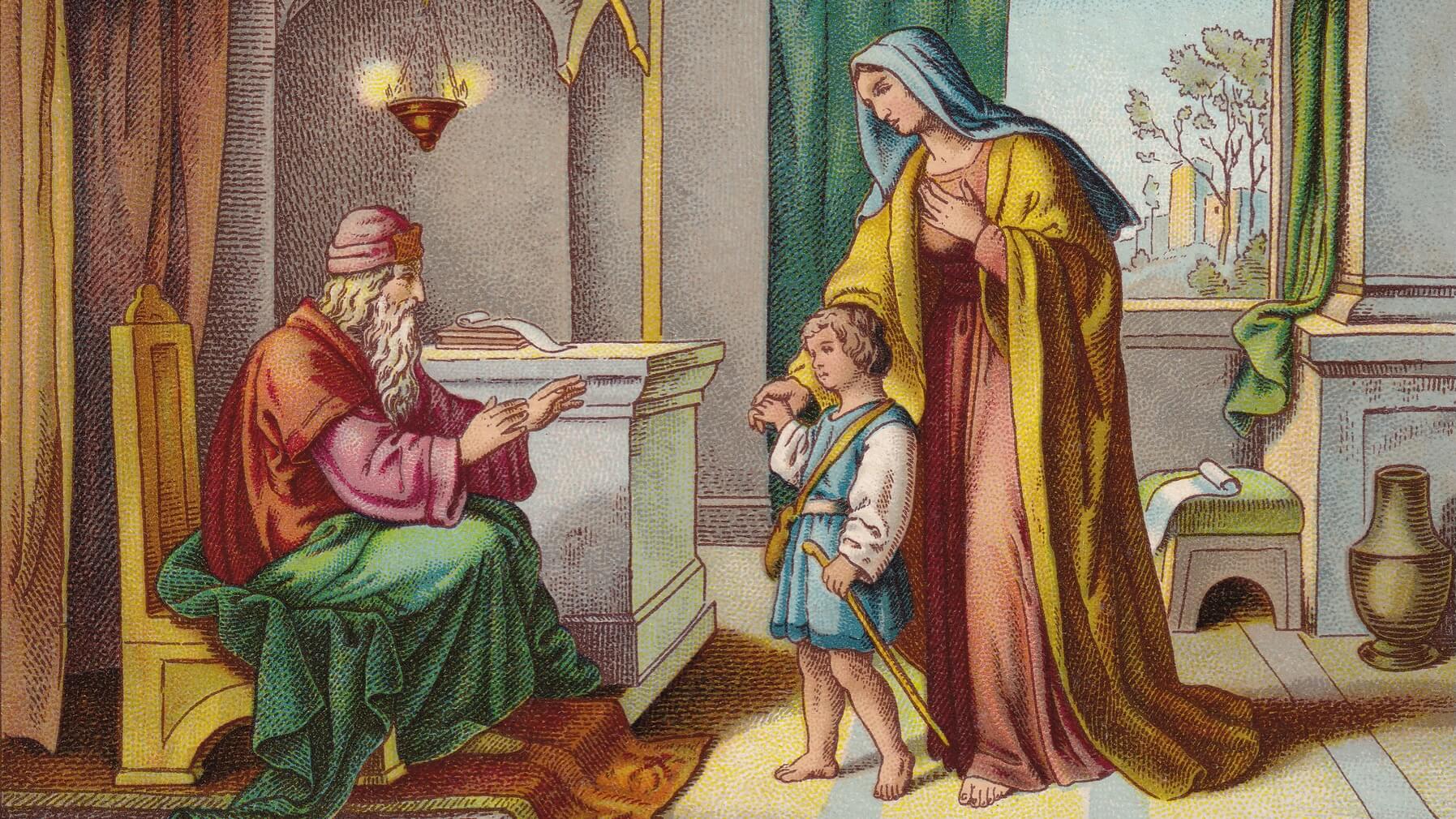 iStock-2197808393 FB CP Image Credit: Hannah Dedicates Samuel to the Lord (1 Samuel 1, 21 - 28); chromolithograph based on a drawing by Karl Gottlob Schönherr (Germann painter, 1824 - 1906); published ca. 1898; ZU_09 / iStock.com.